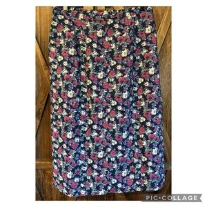 Vintage Floral Flower Print Midi Skirt Flowy Pink Purple Navy Blue Size 12 Large